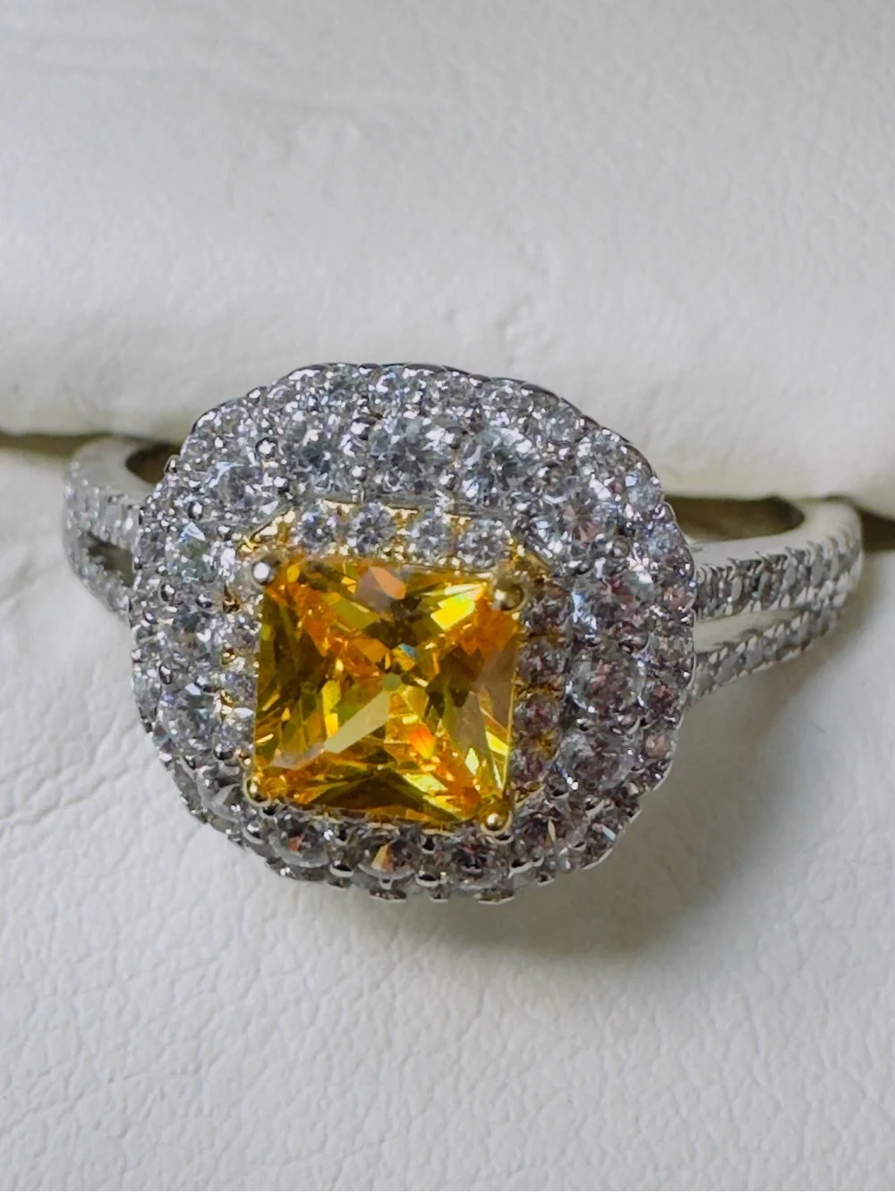 Yellow Square-Cut Halo Ring with Pavé Accents